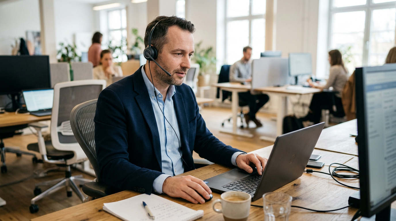 Klantenservicemedewerker met headset helpt klanten via telefoon en laptop vanuit een modern, druk kantoorkantoor.