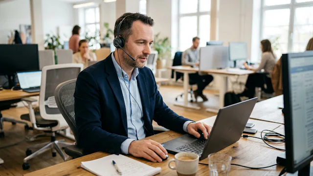 Klantenservicemedewerker met headset helpt klanten via telefoon en laptop vanuit een modern, druk kantoorkantoor.