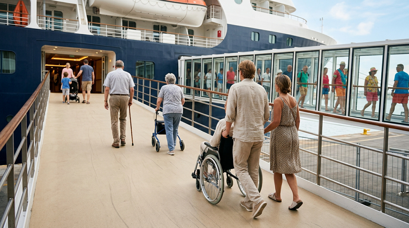 Reizigers van verschillende leeftijden, waaronder iemand in een rolstoel en een oudere vrouw met een rollator, lopen samen de loopbrug op naar het cruiseschip. 