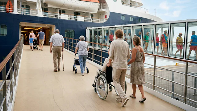Reizigers van verschillende leeftijden, waaronder iemand in een rolstoel en een oudere vrouw met een rollator, lopen samen de loopbrug op naar het cruiseschip.
