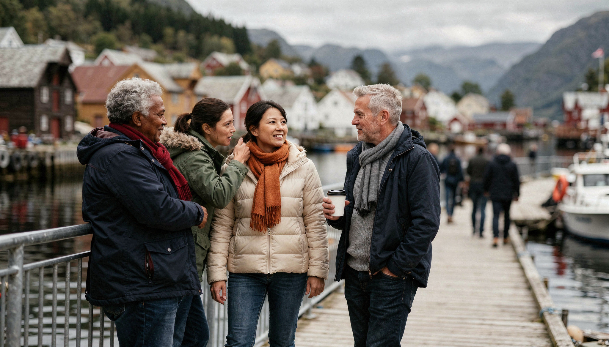 Groep van vier vrienden in warme jassen staat gezellig te praten op een houten steiger in een schilderachtig Noors haverdorpje, omringd door fjorden en bergen. 
