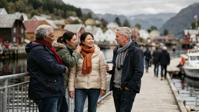 Groep van vier vrienden in warme jassen staat gezellig te praten op een houten steiger in een schilderachtig Noors haverdorpje, omringd door fjorden en bergen.