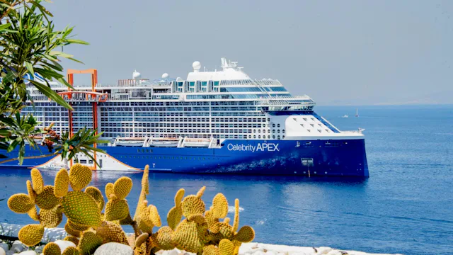 Cruiseschip Celebrity Apex varend op zee langs een kust met cactussen op de voorgrond.