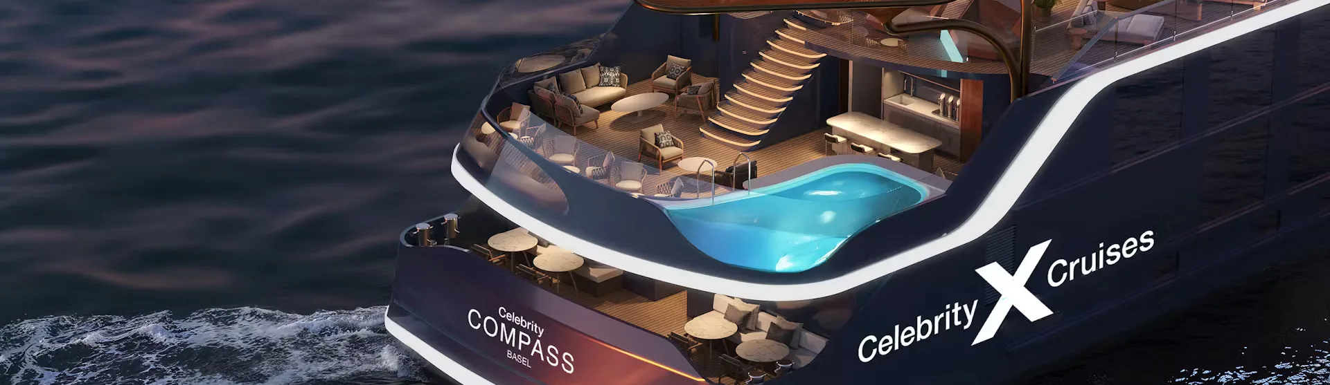 Luxe achterdek van een modern cruiseschip met zwembad, loungeplekken en terras bij zonsondergang op zee.