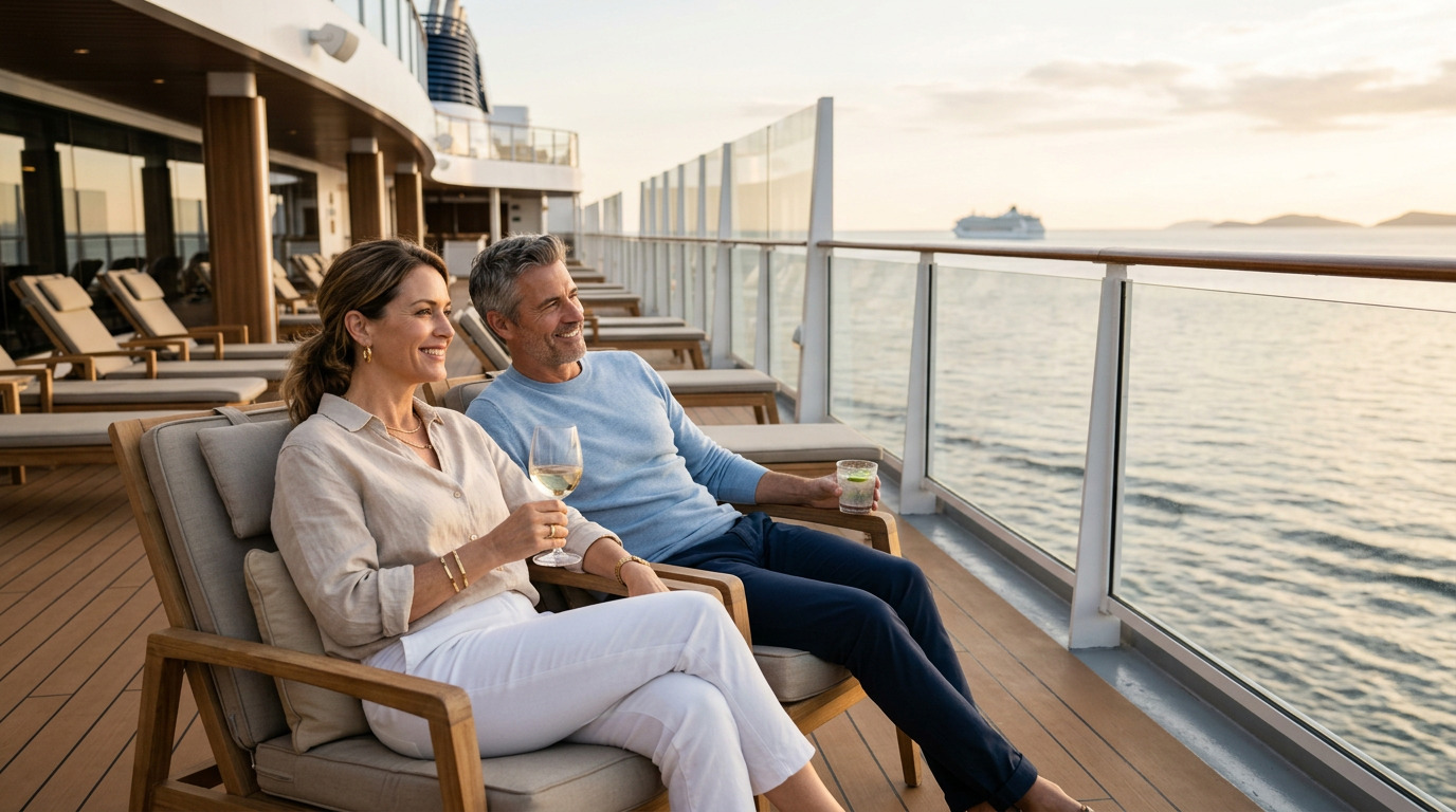 Stel geniet ontspannen van drankjes op het zonnedek van een Celebrity Cruises-schip bij zonsondergang, uitkijkend over de rustige zee.