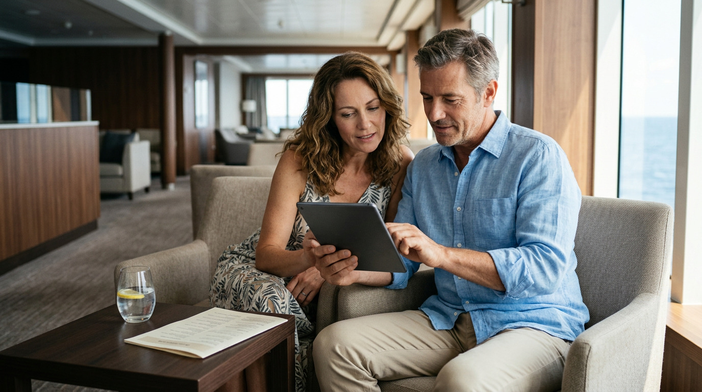  Stel bekijkt samen op een tablet de inbegrepen faciliteiten van hun cruise, comfortabel gezeten in de lounge aan boord van een Celebrity Cruises-schip.