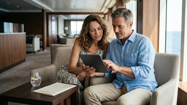 Stel bekijkt samen op een tablet de inbegrepen faciliteiten van hun cruise, comfortabel gezeten in de lounge aan boord van een Celebrity Cruises-schip.