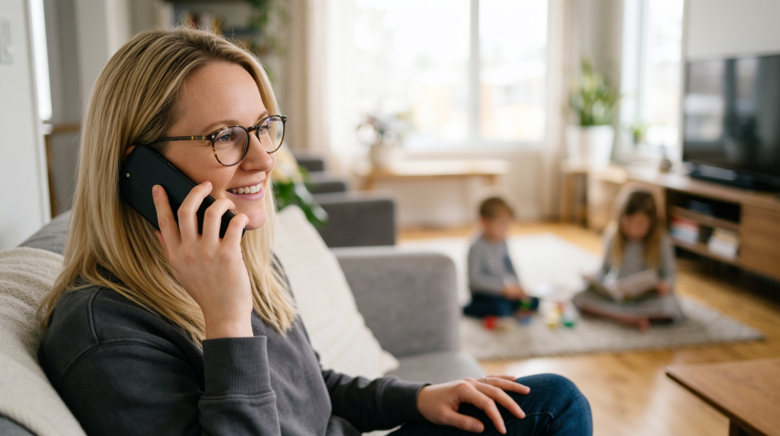 Vrouw belt glimlachend vanuit haar woonkamer met de klantenservice over haar cruiseboeking, terwijl haar kinderen op de achtergrond spelen. 
