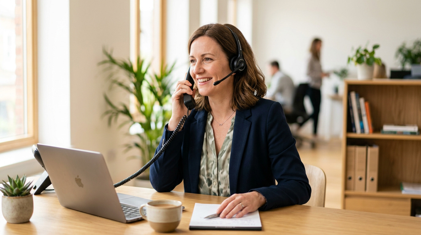 Vriendelijke klantenservicemedewerker met headset helpt een klant telefonisch vanuit een lichte, moderne kantooromgeving. 