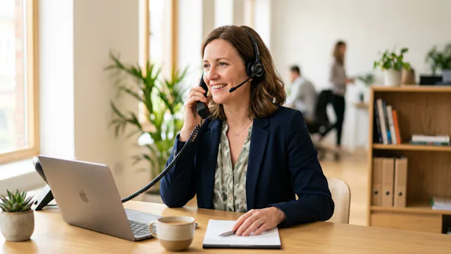 Vriendelijke klantenservicemedewerker met headset helpt een klant telefonisch vanuit een lichte, moderne kantooromgeving.
