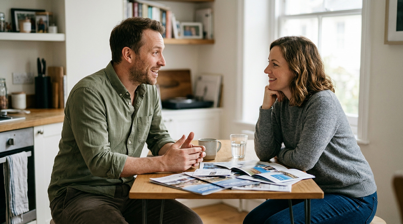 Stel bespreekt enthousiast de excursiemogelijkheden en extra's voor hun cruise aan de keukentafel, met cruisebrochures voor hen uitgespreid.