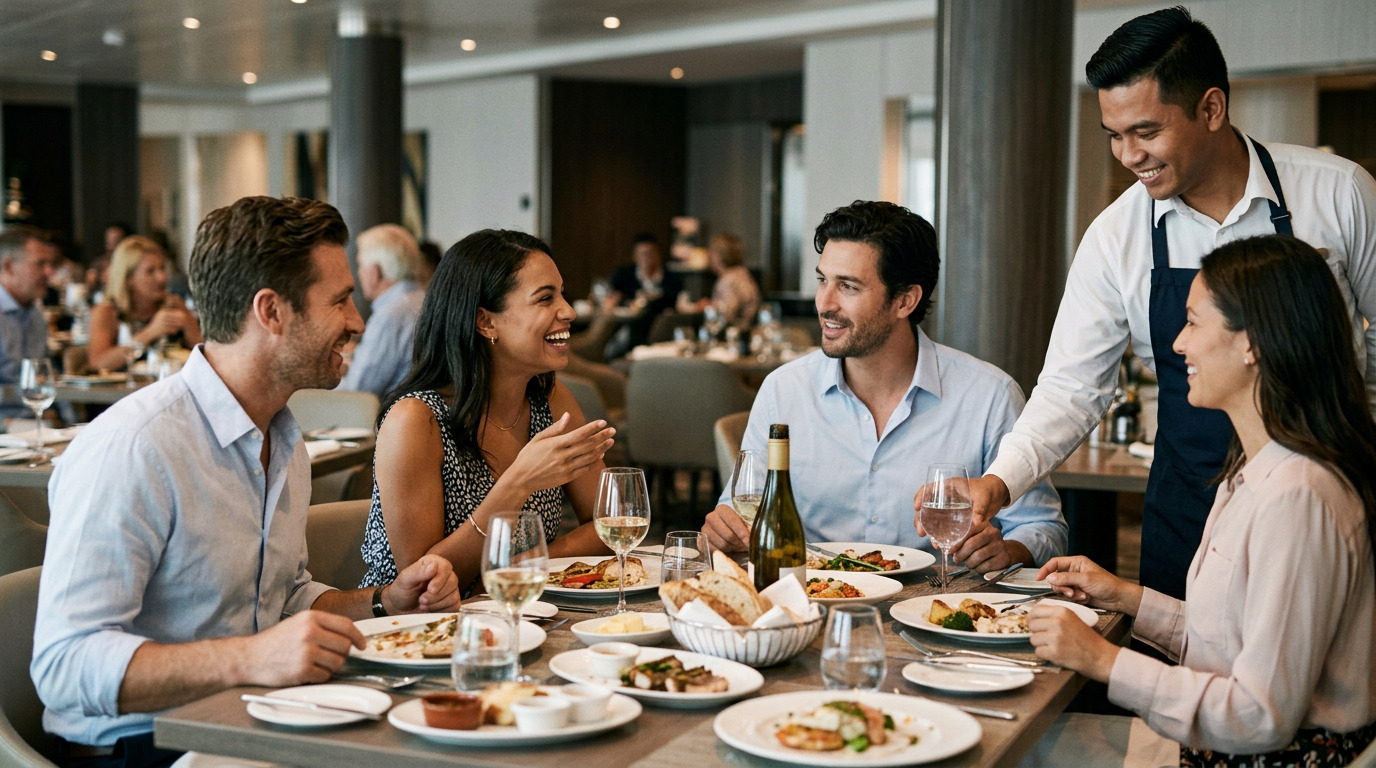 Groep vrienden geniet van een uitgebreid diner aan boord, terwijl een vriendelijke ober hen persoonlijk bedient in het elegante restaurante van het cruiseschip.
