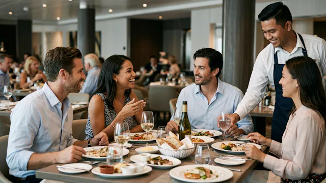 Groep vrienden geniet van een uitgebreid diner aan boord, terwijl een vriendelijke ober hen persoonlijk bedient in het elegante restaurante van het cruiseschip.