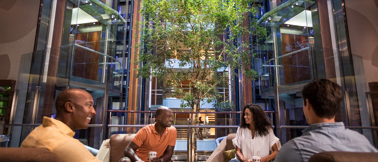Geniet van elkaars gezelschap in het atrium met zijn “hangende” boom.